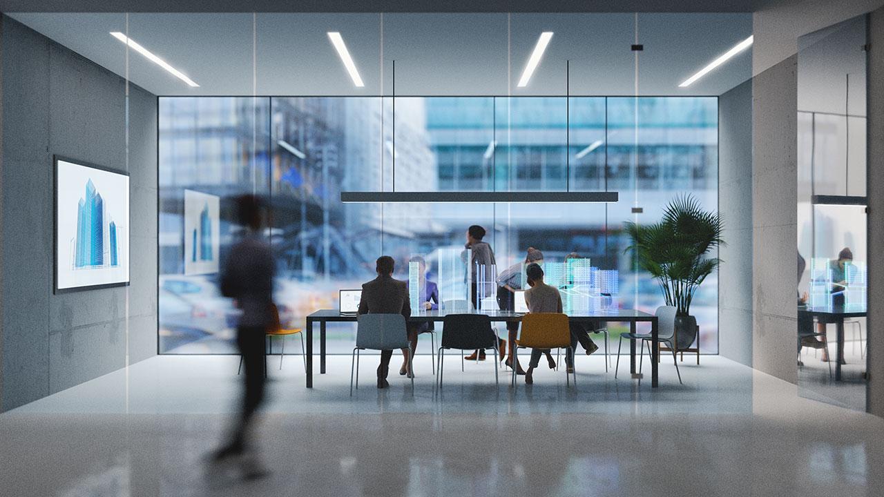 员工走路的照片, 坐着, 在利乐全球最大体育平台公司有大玻璃窗的办公空间里工作