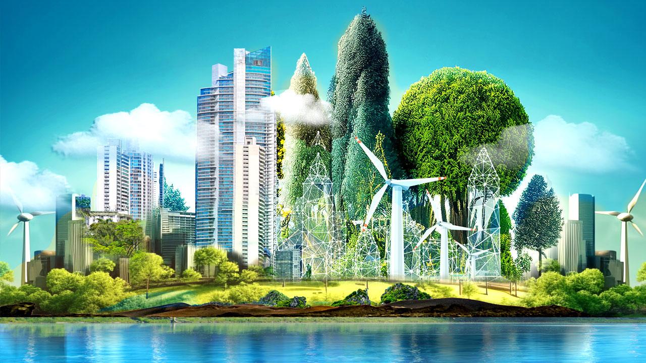 图片说明一个城市的风力涡轮机, 绿色空间, 前景中的水和数字连接点创造了额外的建筑
