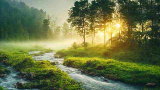 森林里的小溪和植被覆盖着岩石和河岸，雾气和阳光透过树木照射进来